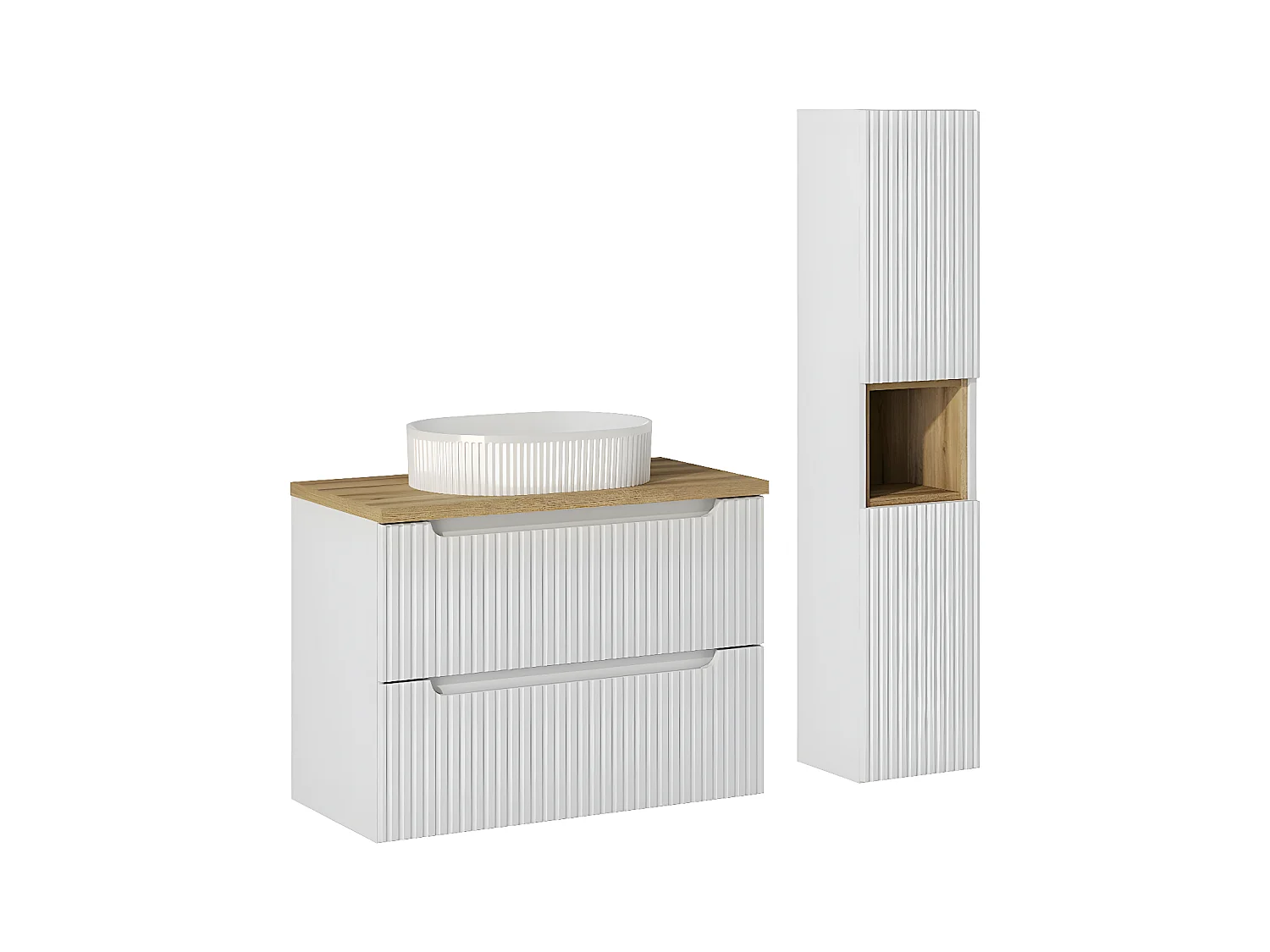 Ensemble meuble simple vasque 80cm 2 tiroirs et colonne Riva Blanc et Bois