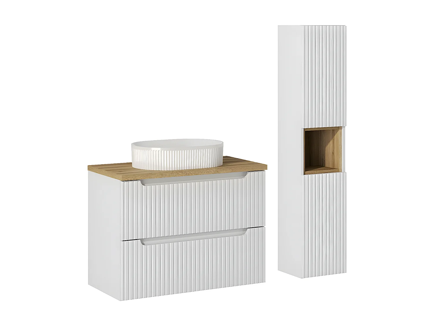 Conjunto de muebles lavabo individual 80cm 2 cajones y columna Riva Blanco y Madera