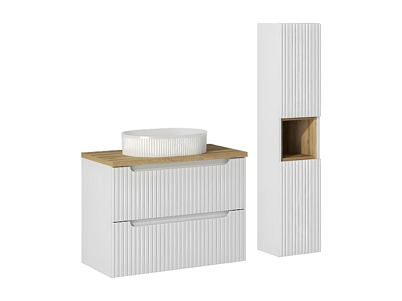 Conjunto de muebles lavabo individual 80cm 2 cajones y columna Riva Blanco y Madera