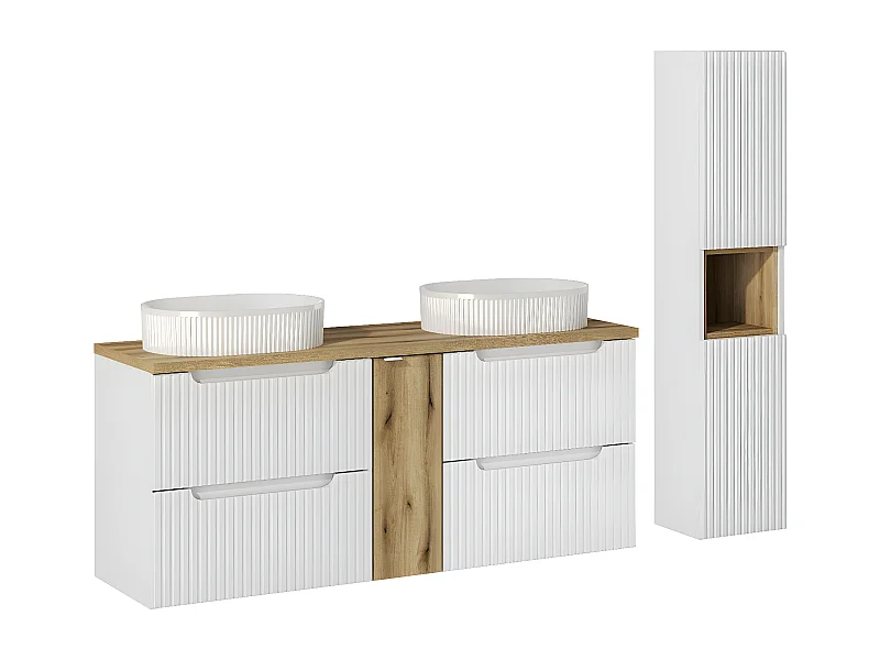 Conjunto de muebles doble lavabo 140cm 4 cajones y columna Riva Blanco y Madera