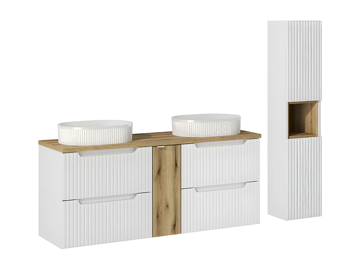 Ensemble meuble double vasque 140cm 4 tiroirs et colonne Riva Blanc et Bois