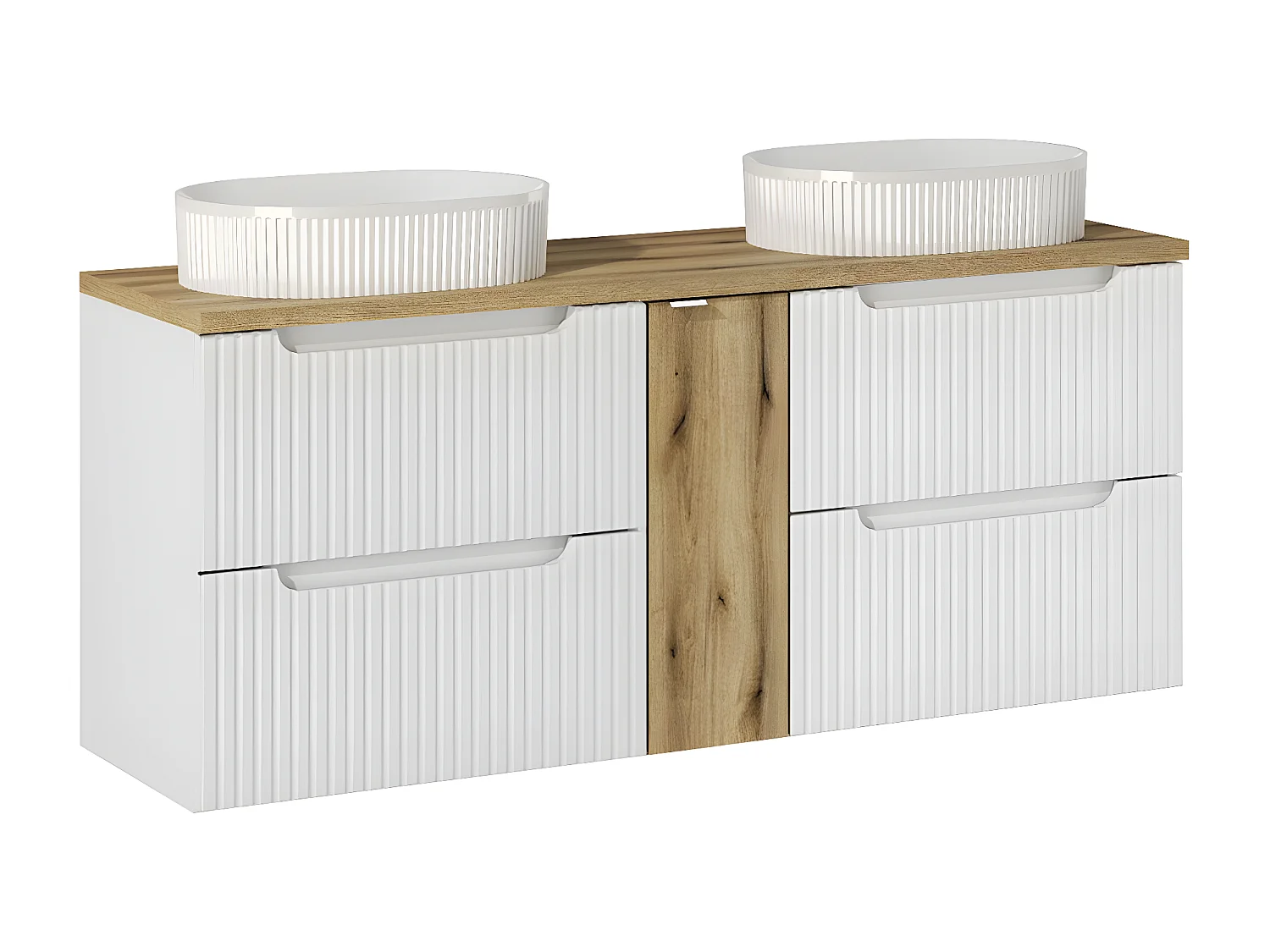 Ensemble meuble double vasque 140cm 4 tiroirs et colonne Riva Blanc et Bois