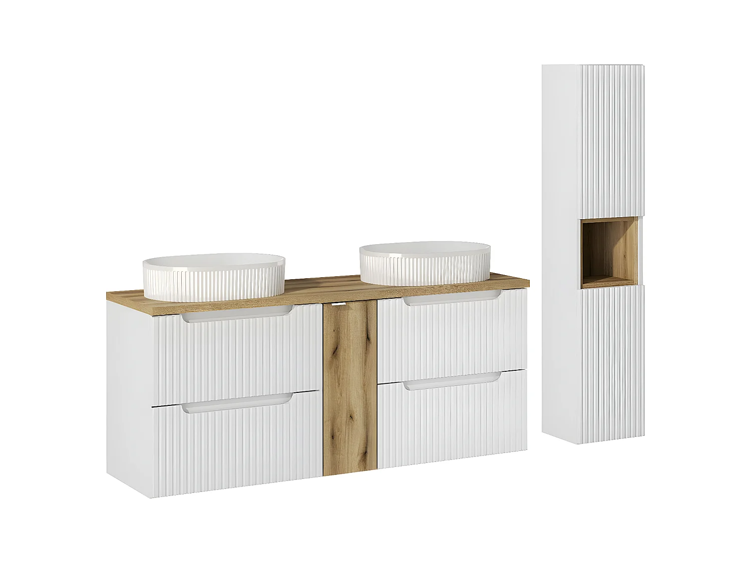 Set van 140cm dubbele wastafel met 4 lades en hoge kast Riva wit en hout