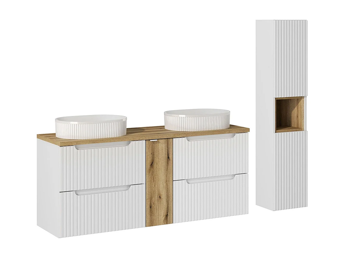 Ensemble meuble double vasque 140cm 4 tiroirs et colonne Riva Blanc et Bois
