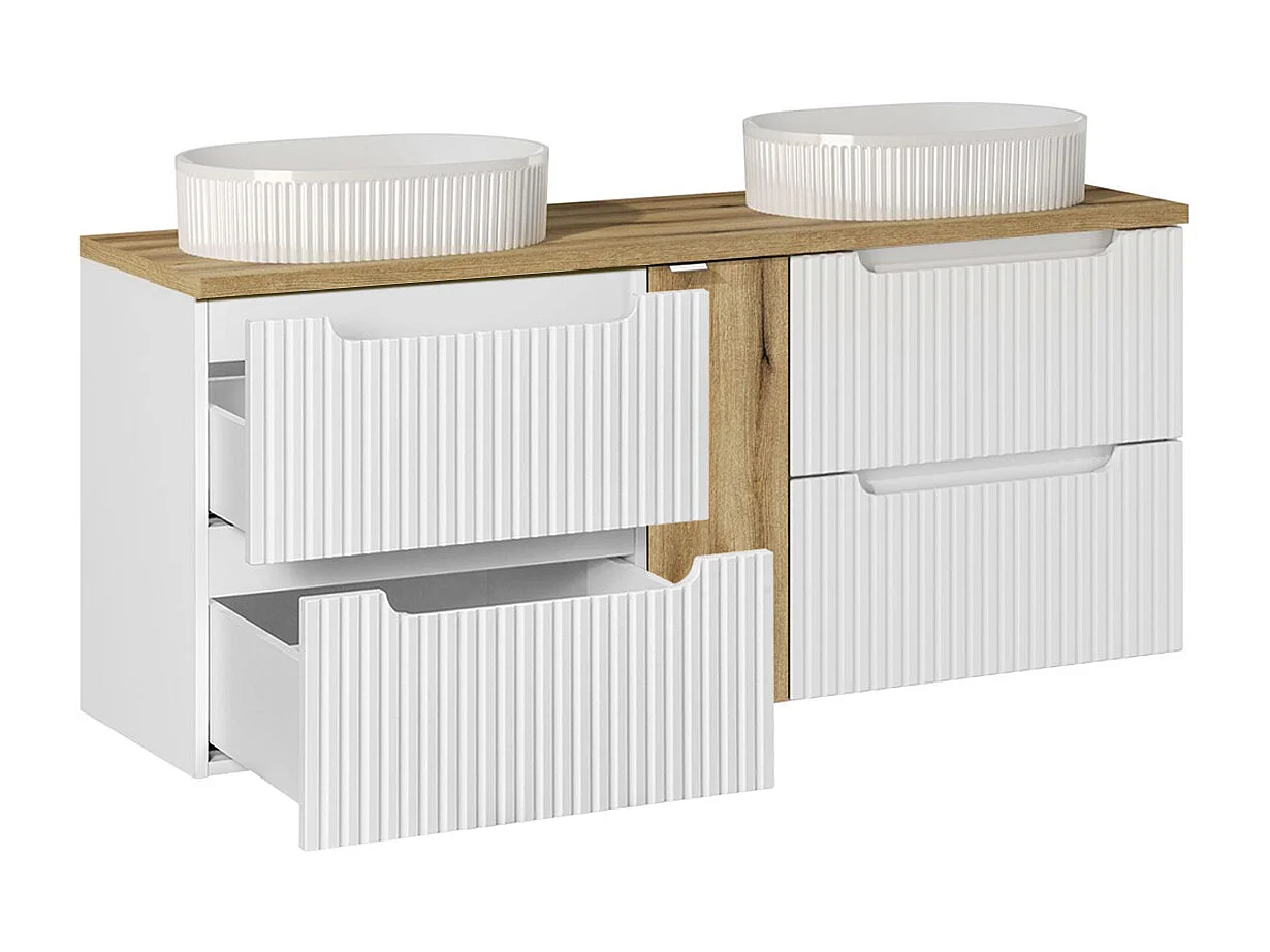 Ensemble meuble double vasque 140cm 4 tiroirs et colonne Riva Blanc et Bois