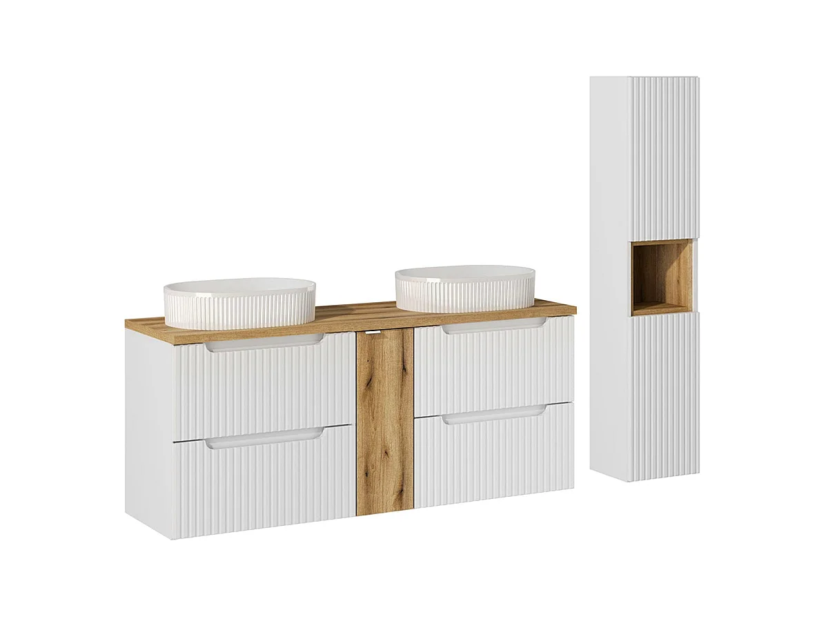 Ensemble meuble double vasque 140cm 4 tiroirs et colonne Riva Blanc et Bois