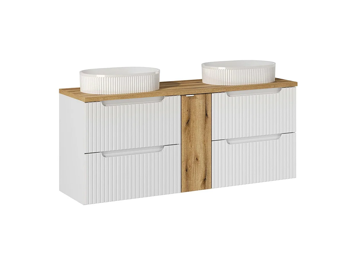 Ensemble meuble double vasque 140cm 4 tiroirs et colonne Riva Blanc et Bois