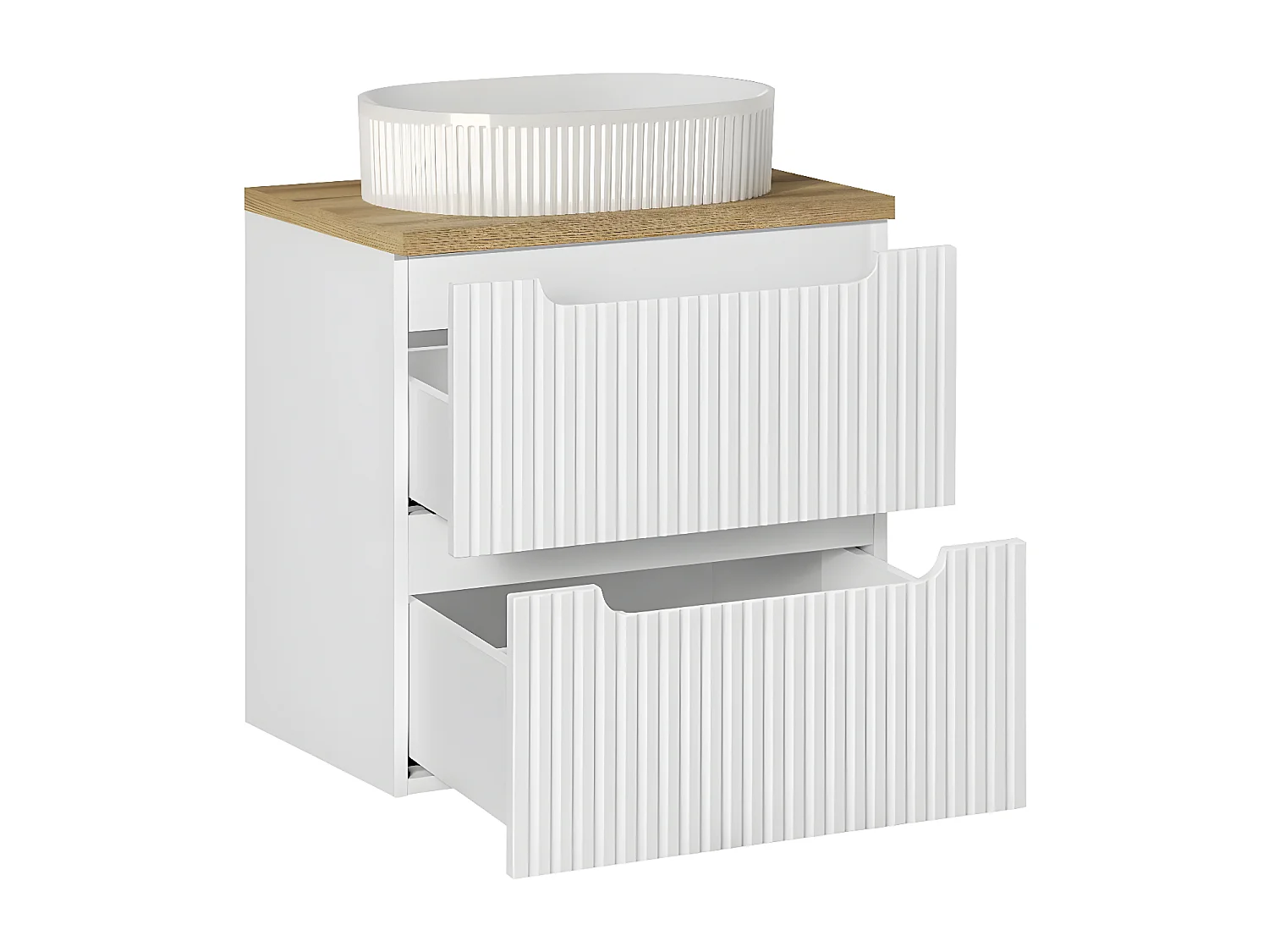 Ensemble meuble simple vasque 60cm 2 tiroirs et colonne Riva Blanc et Bois