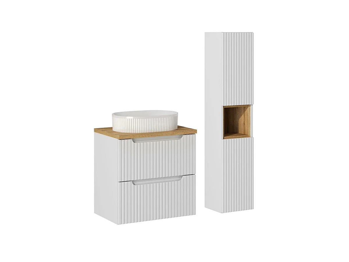 Conjunto móvel lavatório simples 60cm 2 gavetas coluna Riva Branco e Madeira