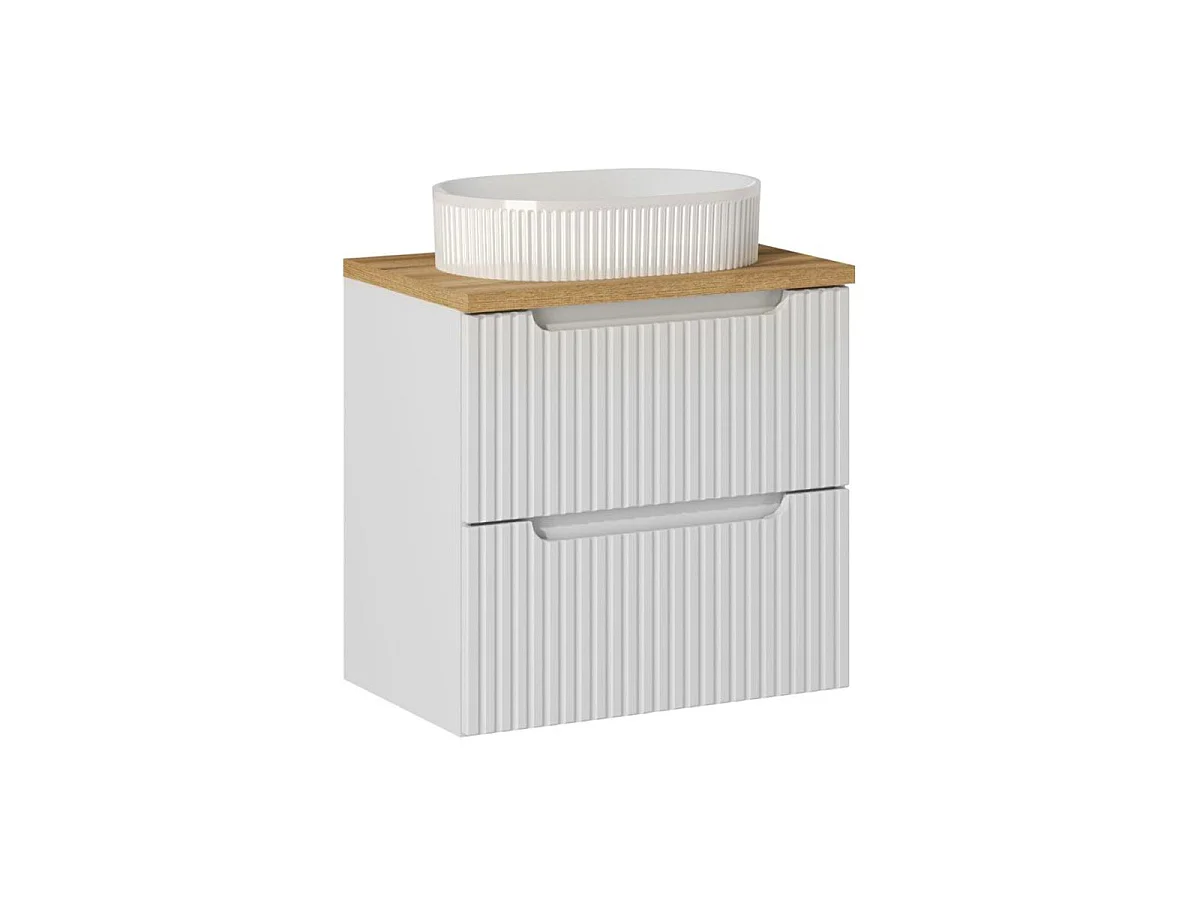 Conjunto móvel lavatório simples 60cm 2 gavetas coluna Riva Branco e Madeira