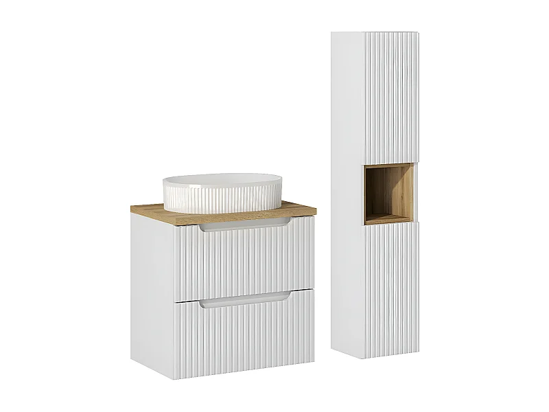 Conjunto de muebles con lavabo individual 60cm 2 cajones y columna Riva Blanco y Madera