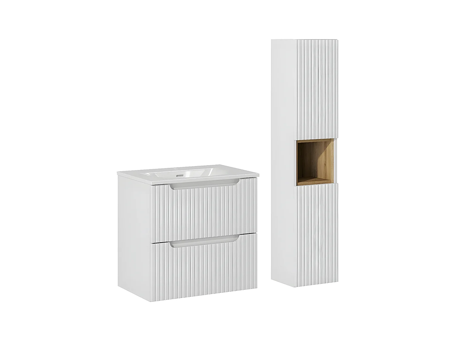 Ensemble meuble simple vasque encastrée 60cm 2 tiroirs et colonne Riva Blanc et Bois