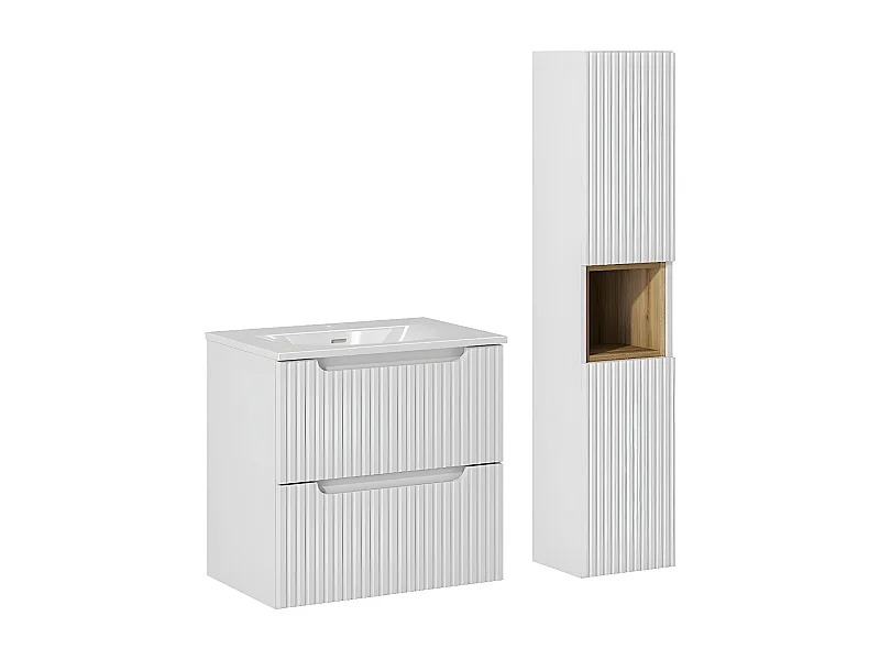 Conjunto de muebles lavabo individual encastrado 60cm 2 cajones y columna Riva Blanco y Madera