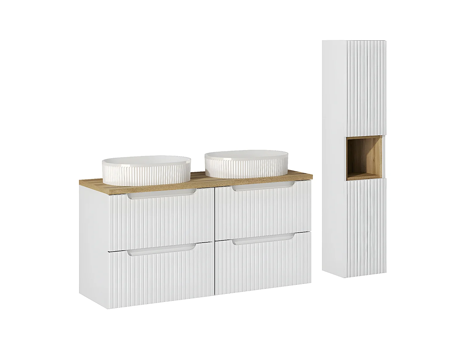 Ensemble meuble double vasque 120cm 4 tiroirs et colonne Riva Blanc et Bois