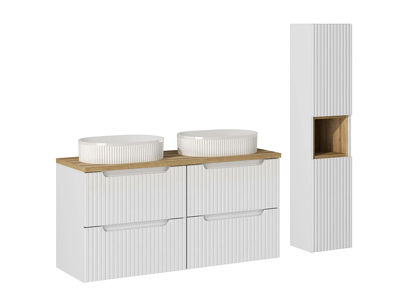 Set med 120 cm dubbel tvättställsskåp med 4 lådor och Riva vit och trä högskåp