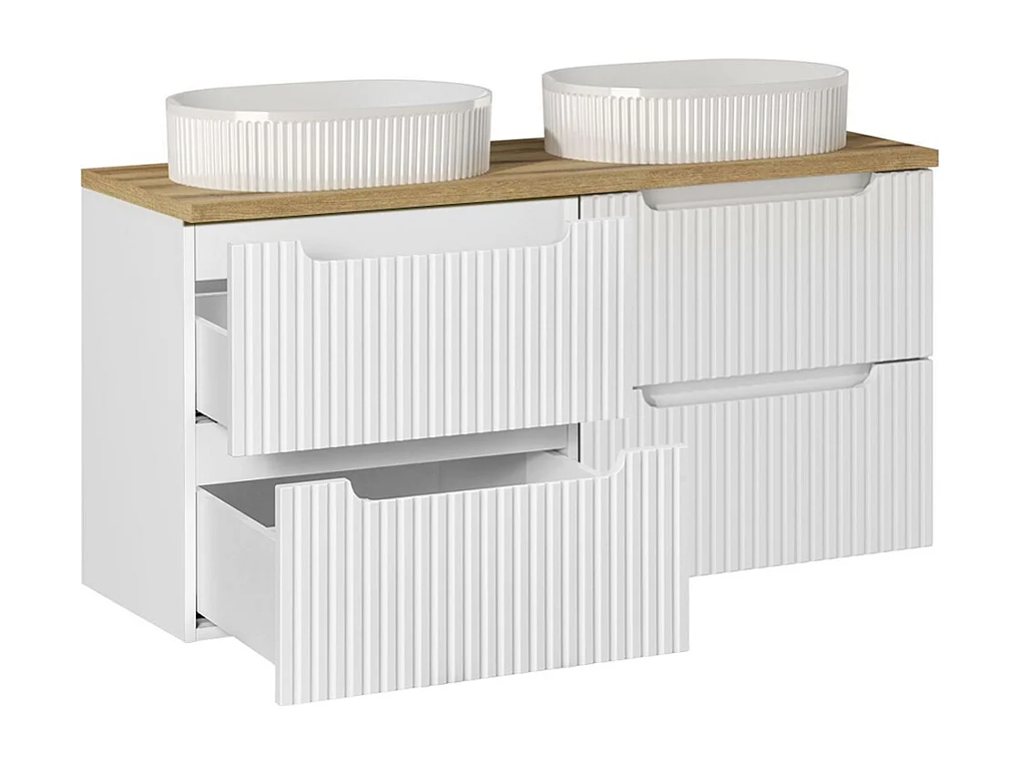 Set med 120 cm dubbel tvättställsskåp med 4 lådor och Riva vit och trä högskåp