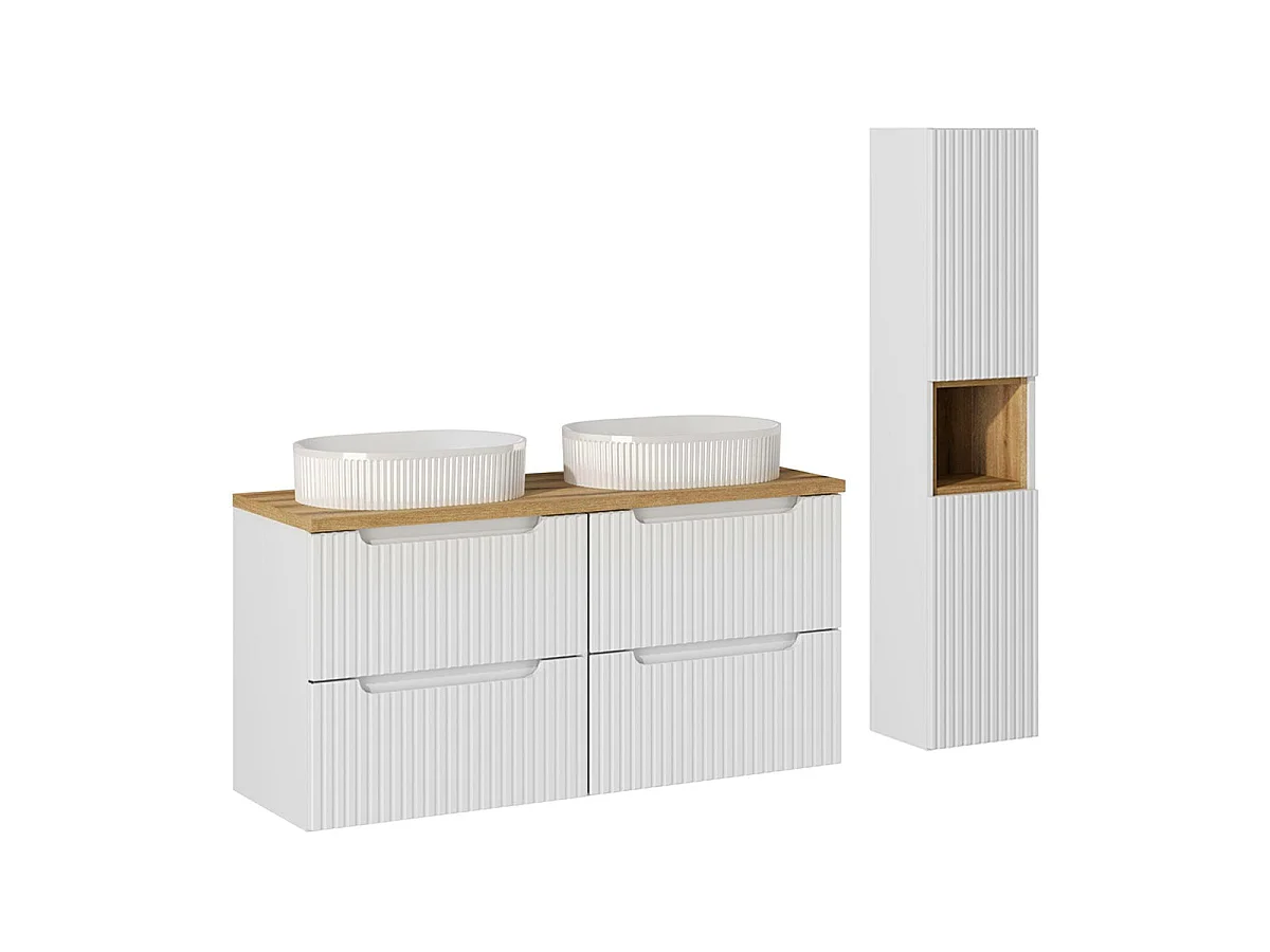 Ensemble meuble double vasque 120cm 4 tiroirs et colonne Riva Blanc et Bois