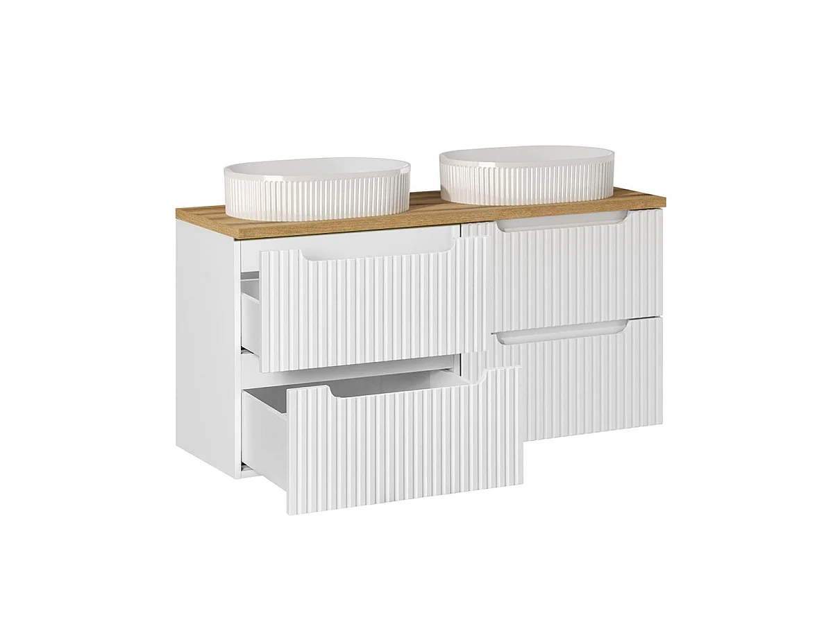 Ensemble meuble double vasque 120cm 4 tiroirs et colonne Riva Blanc et Bois