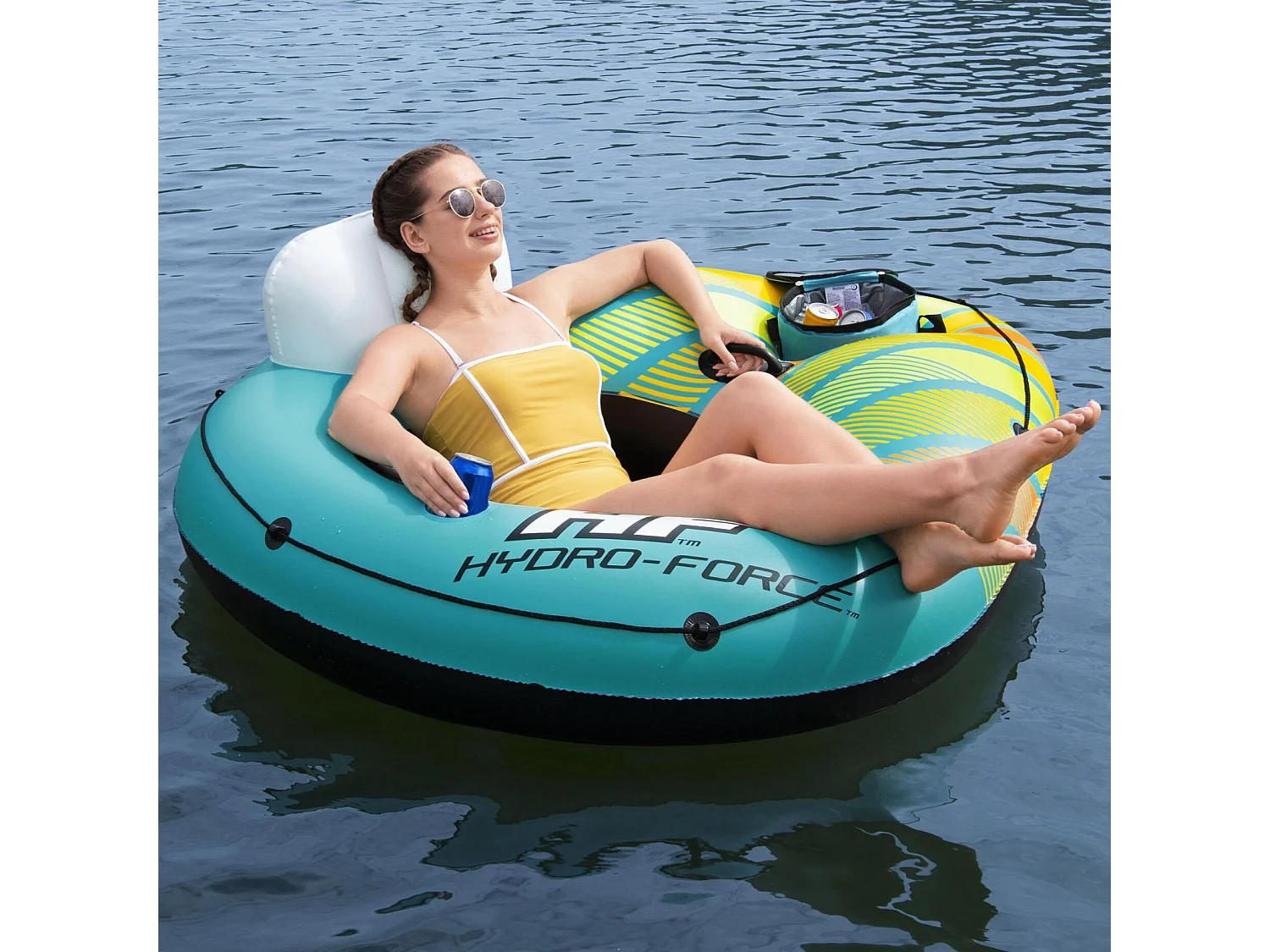Bouée de Rivière Bestway Hydro-Force 159x126x53 cm Dossier, Porte-Verre, Poignées et Glacière Isotherme, Extractible Multicolore