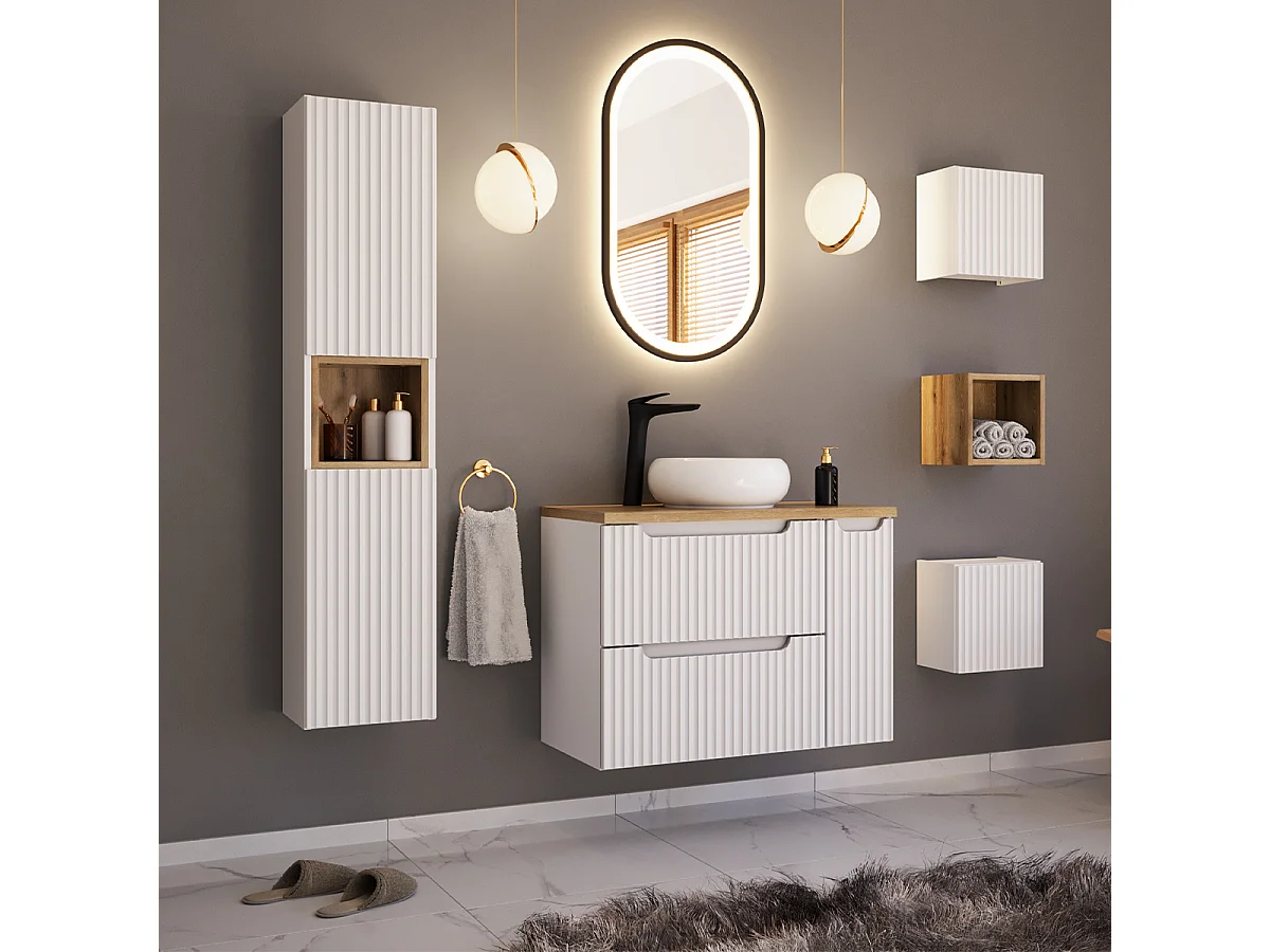 Meuble sous-vasque 60cm 2 tiroirs plan de toilette Riva Blanc et Bois