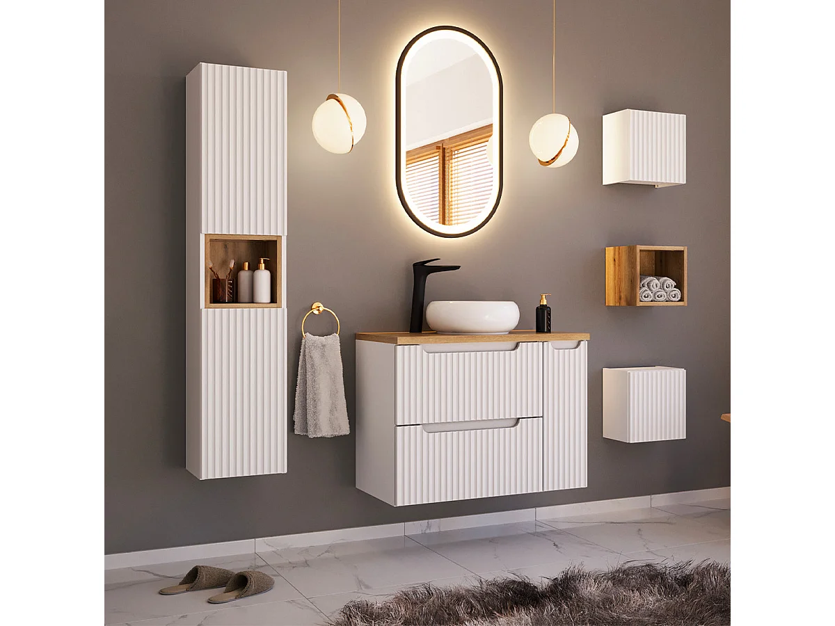 Meuble sous-vasque 60cm 2 tiroirs plan de toilette Riva Blanc et Bois