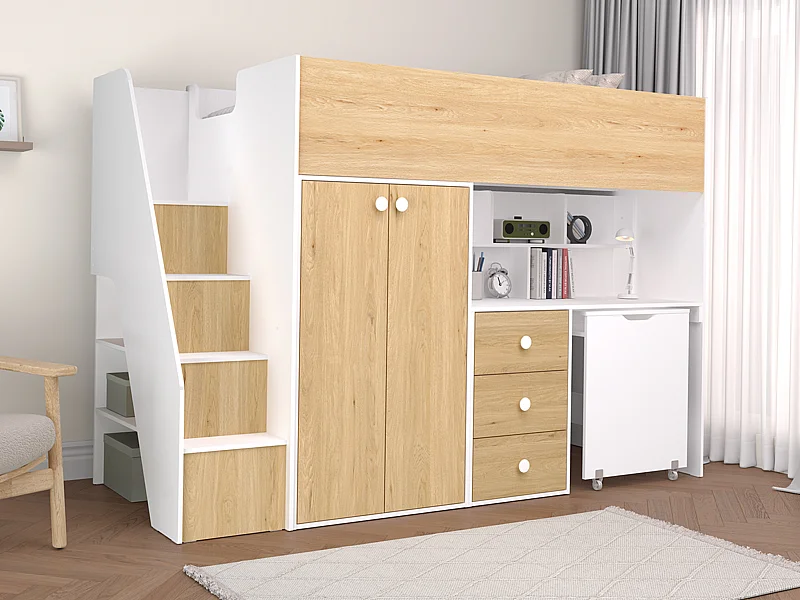 Lit mezzanine 90 x 190 cm avec armoire et bureau - Blanc et naturel - LANILATO
