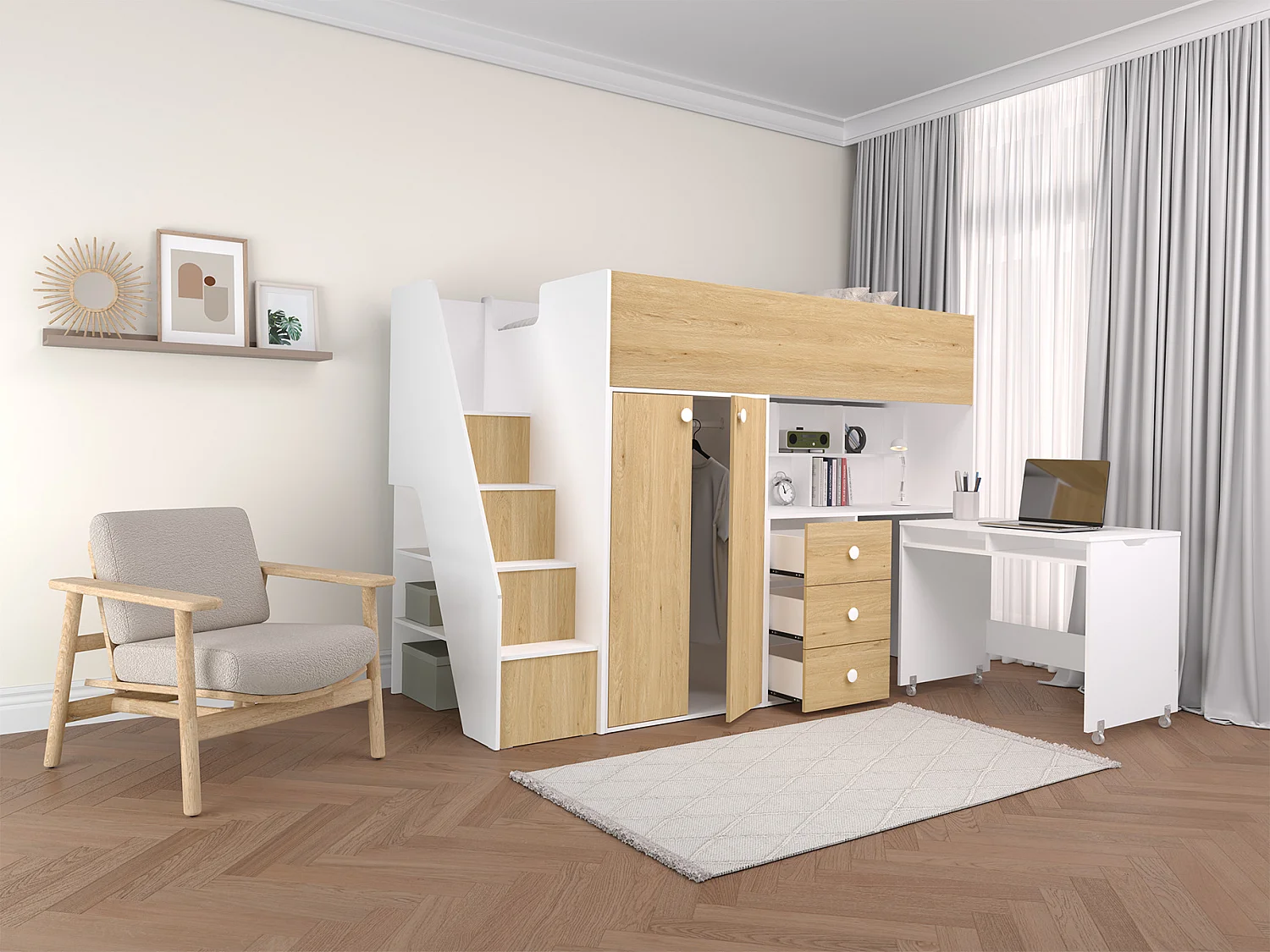 Lit mezzanine 90 x 190 cm avec armoire et bureau - Blanc et naturel - LANILATO