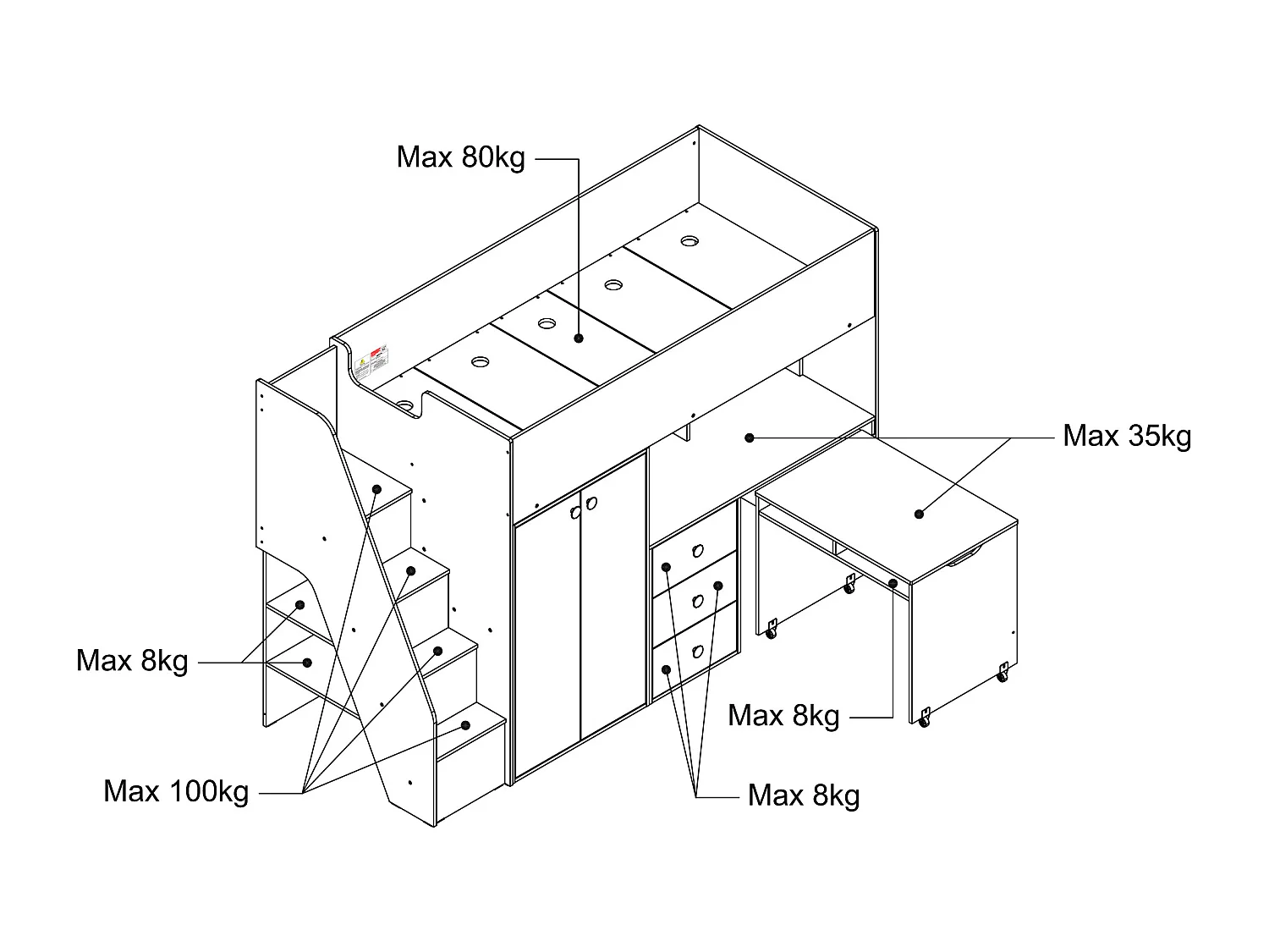 Lit mezzanine 90 x 190 cm avec armoire et bureau - Blanc et naturel - LANILATO