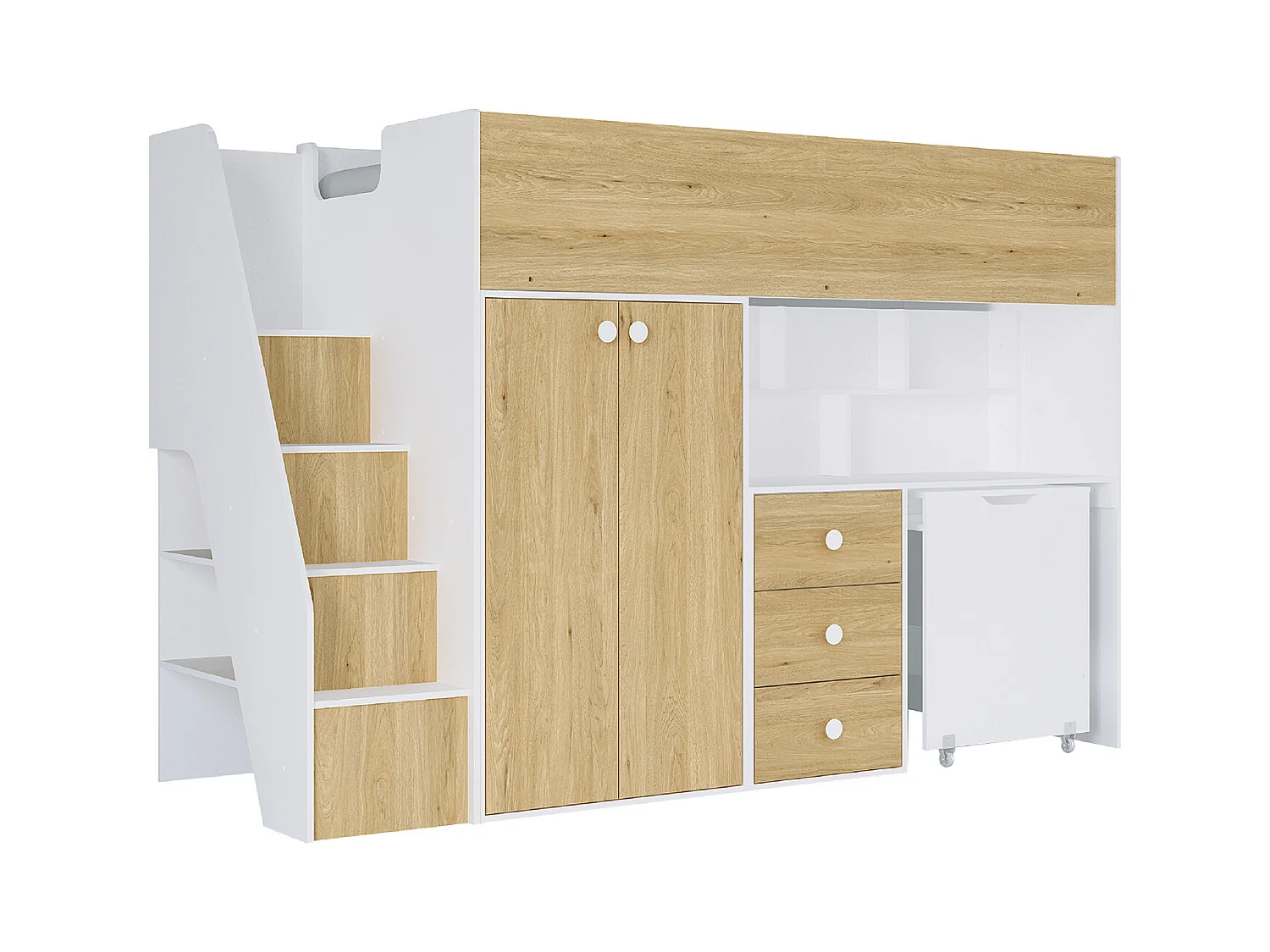 Hoogslaper 90 x 190 cm met kast en bureau - Wit en naturel - LANILATO