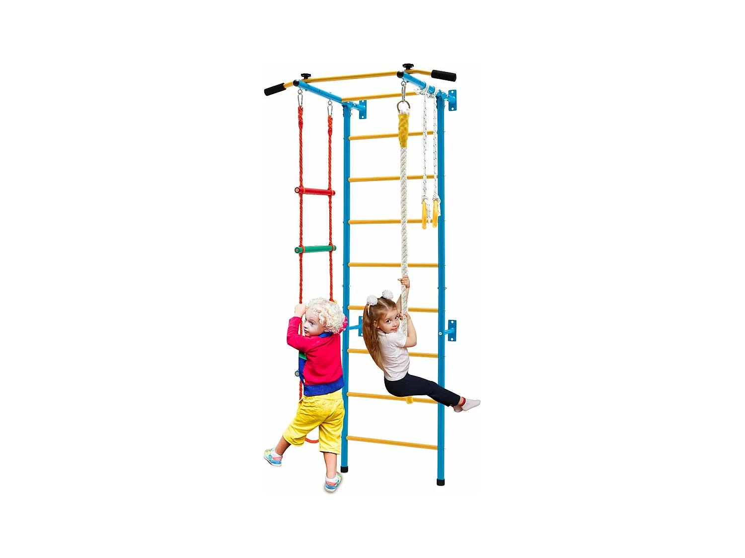 Ensemble de Barres d'Exercices pour Enfants, avec Échelle Murale, Barre de Traction, Échelle de Corde, Corde et Anneaux de Gymnastique pour Enfants de 3+ Ans, 223x107x84 cm, Jaune