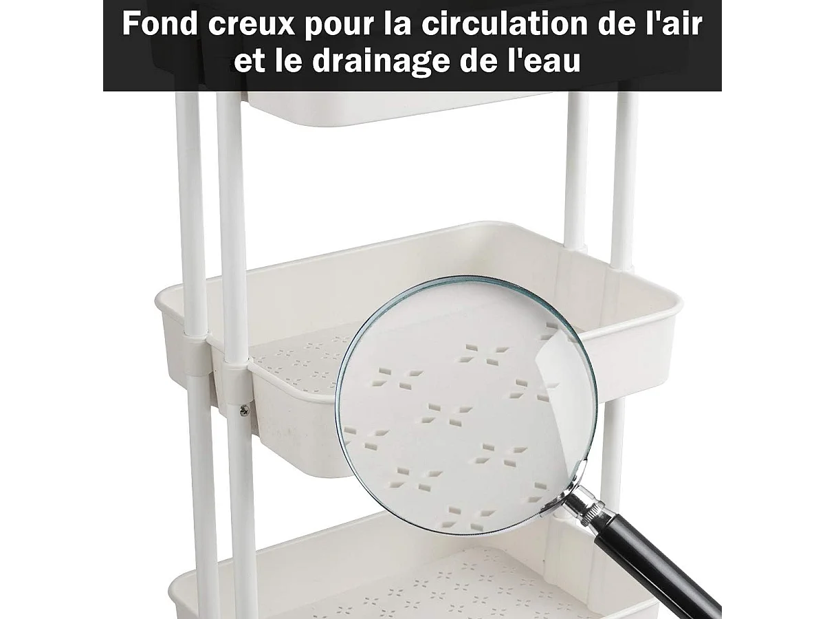 Chariot de Service à Roulettes avec 3 PaniersGrillagés en Métal Anti-Rouille 42 x 35 x 87 CM Charge Max. 60KG（Blanc)