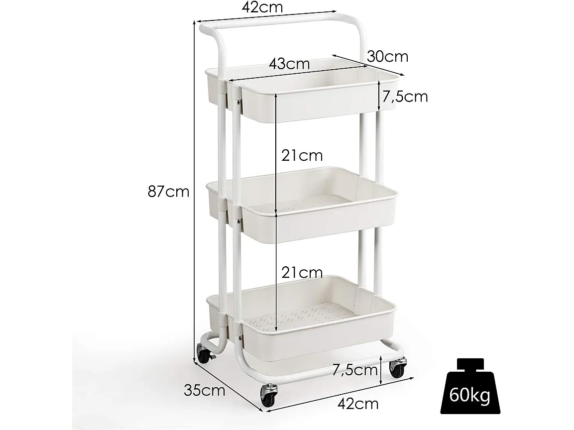 Chariot de Service à Roulettes avec 3 PaniersGrillagés en Métal Anti-Rouille 42 x 35 x 87 CM Charge Max. 60KG（Blanc)