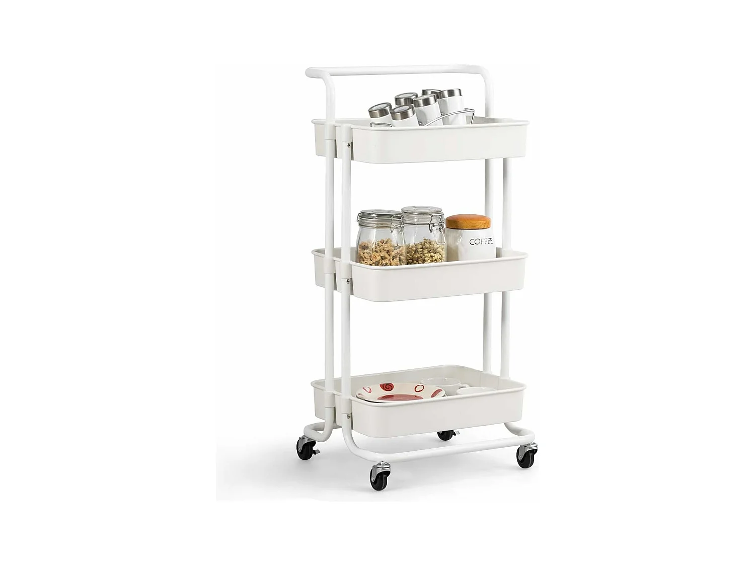 Chariot de Service à Roulettes avec 3 PaniersGrillagés en Métal Anti-Rouille 42 x 35 x 87 CM Charge Max. 60KG（Blanc)