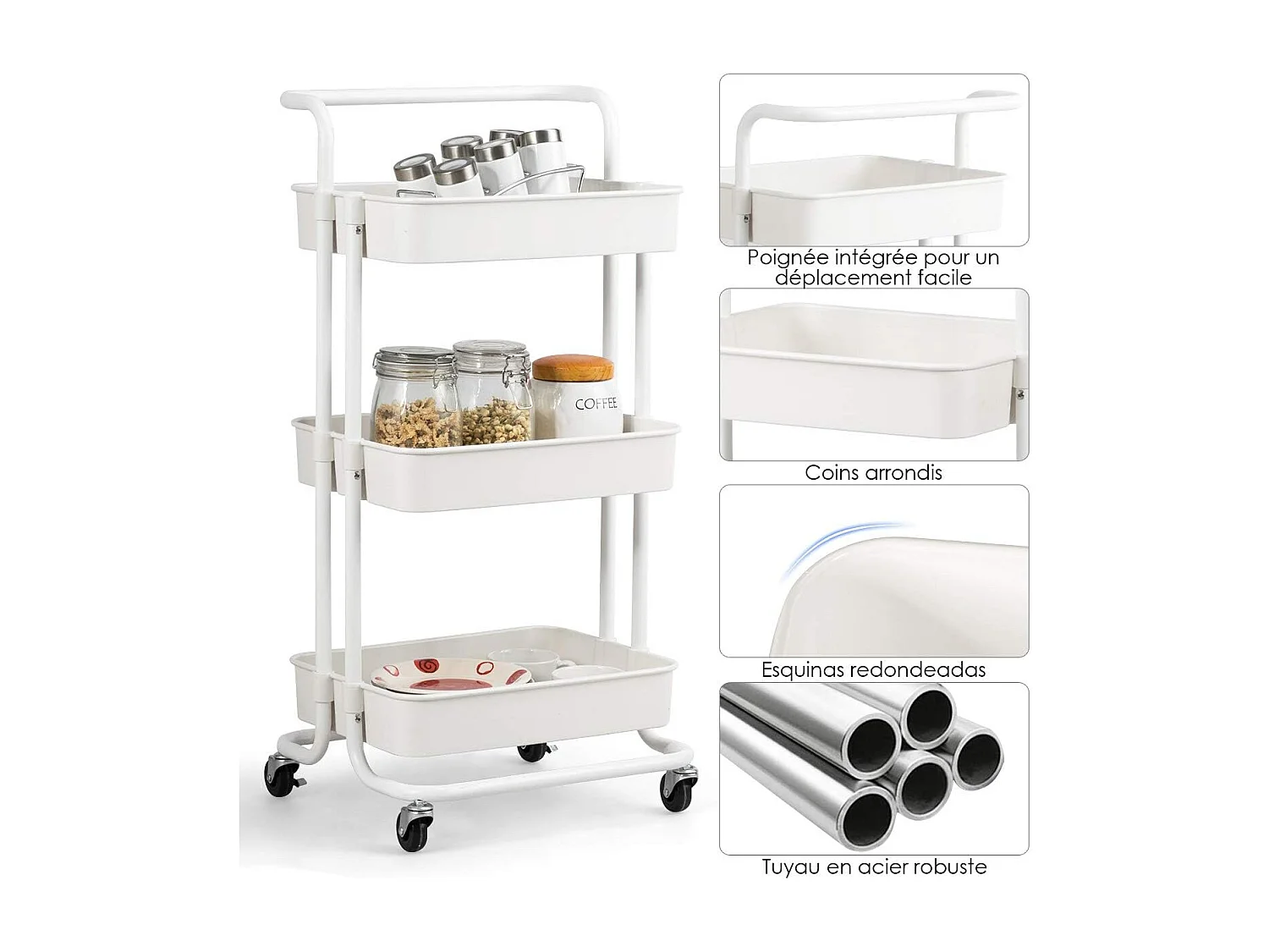 Chariot de Service à Roulettes avec 3 PaniersGrillagés en Métal Anti-Rouille 42 x 35 x 87 CM Charge Max. 60KG（Blanc)