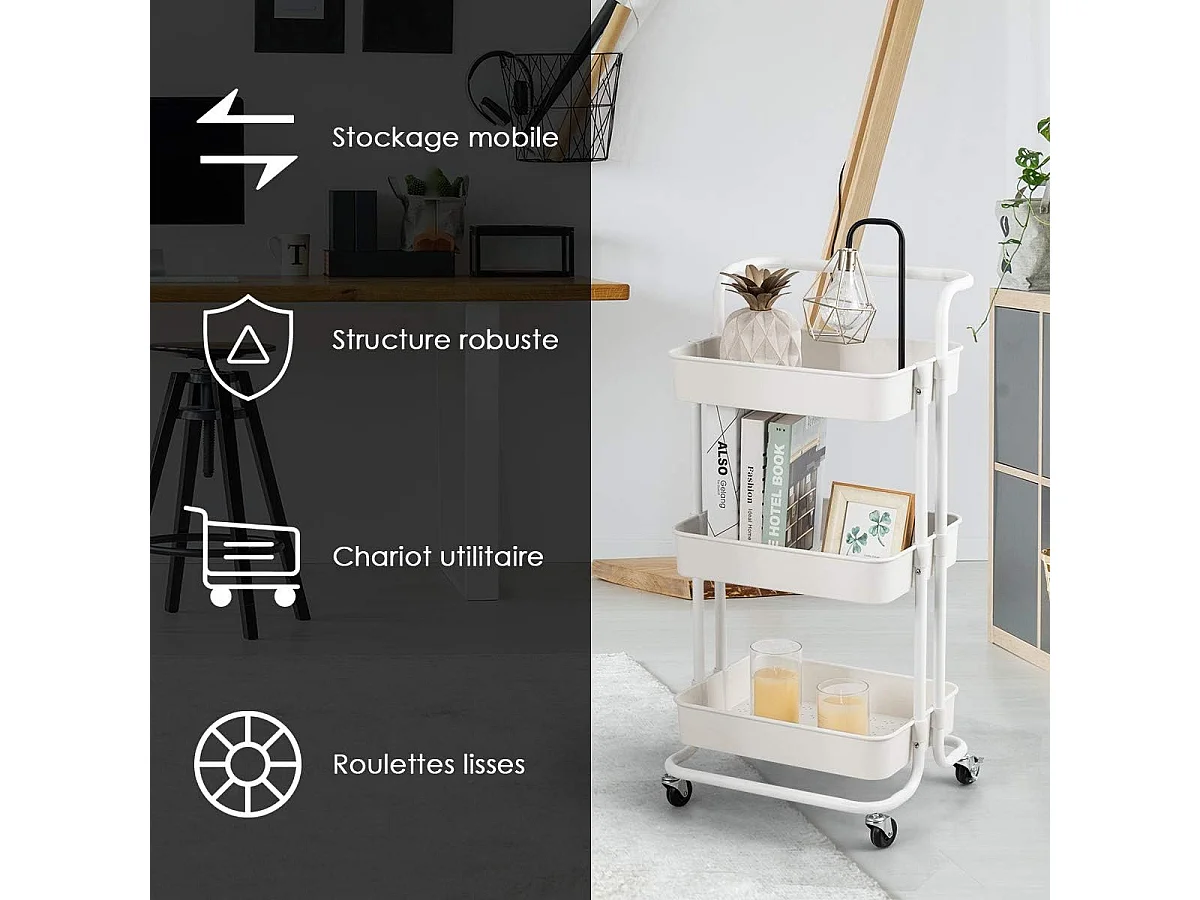 Chariot de Service à Roulettes avec 3 PaniersGrillagés en Métal Anti-Rouille 42 x 35 x 87 CM Charge Max. 60KG（Blanc)