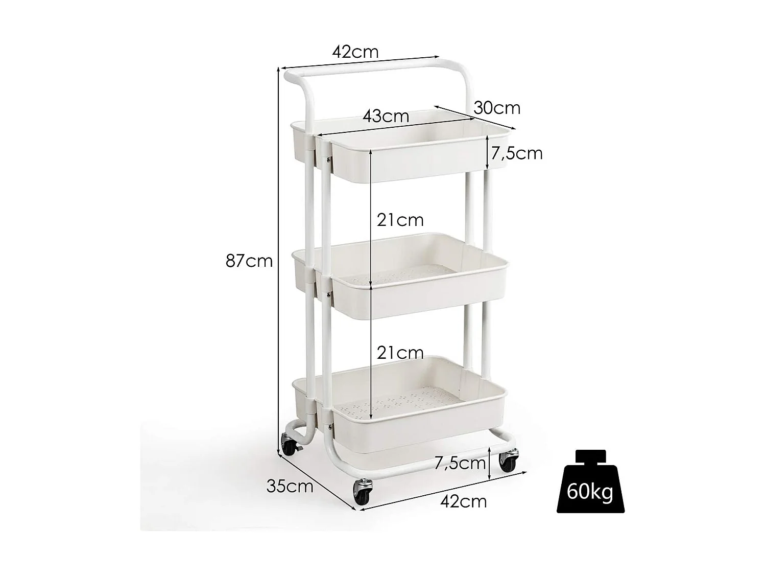 Chariot de Service à Roulettes avec 3 PaniersGrillagés en Métal Anti-Rouille 42 x 35 x 87 CM Charge Max. 60KG（Blanc)