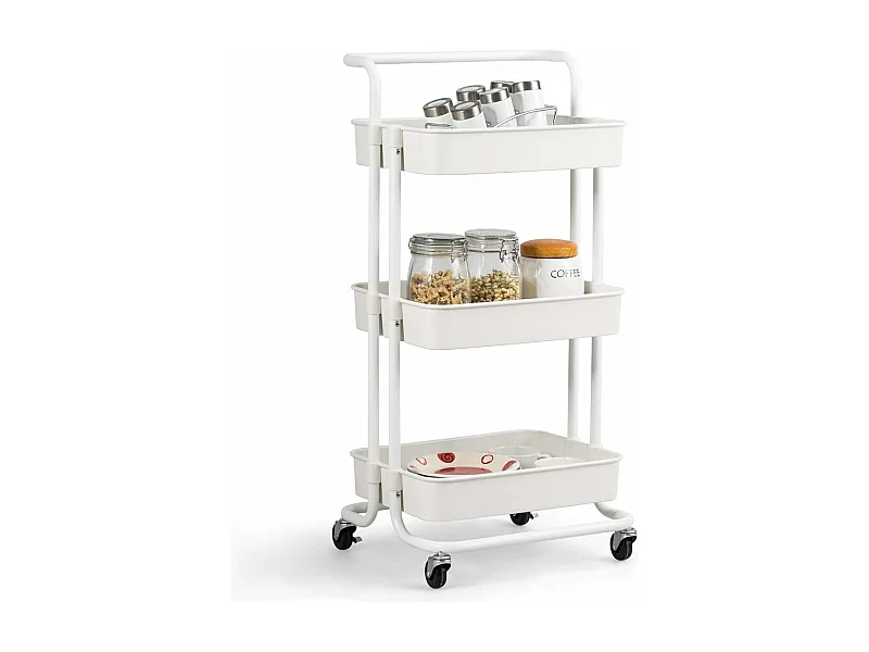 Chariot de Service à Roulettes avec 3 PaniersGrillagés en Métal Anti-Rouille 42 x 35 x 87 CM Charge Max. 60KG（Blanc)