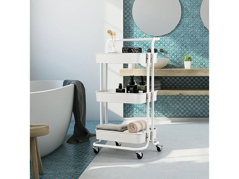 Chariot de Service à Roulettes avec 3 PaniersGrillagés en Métal Anti-Rouille 42 x 35 x 87 CM Charge Max. 60KG（Blanc)