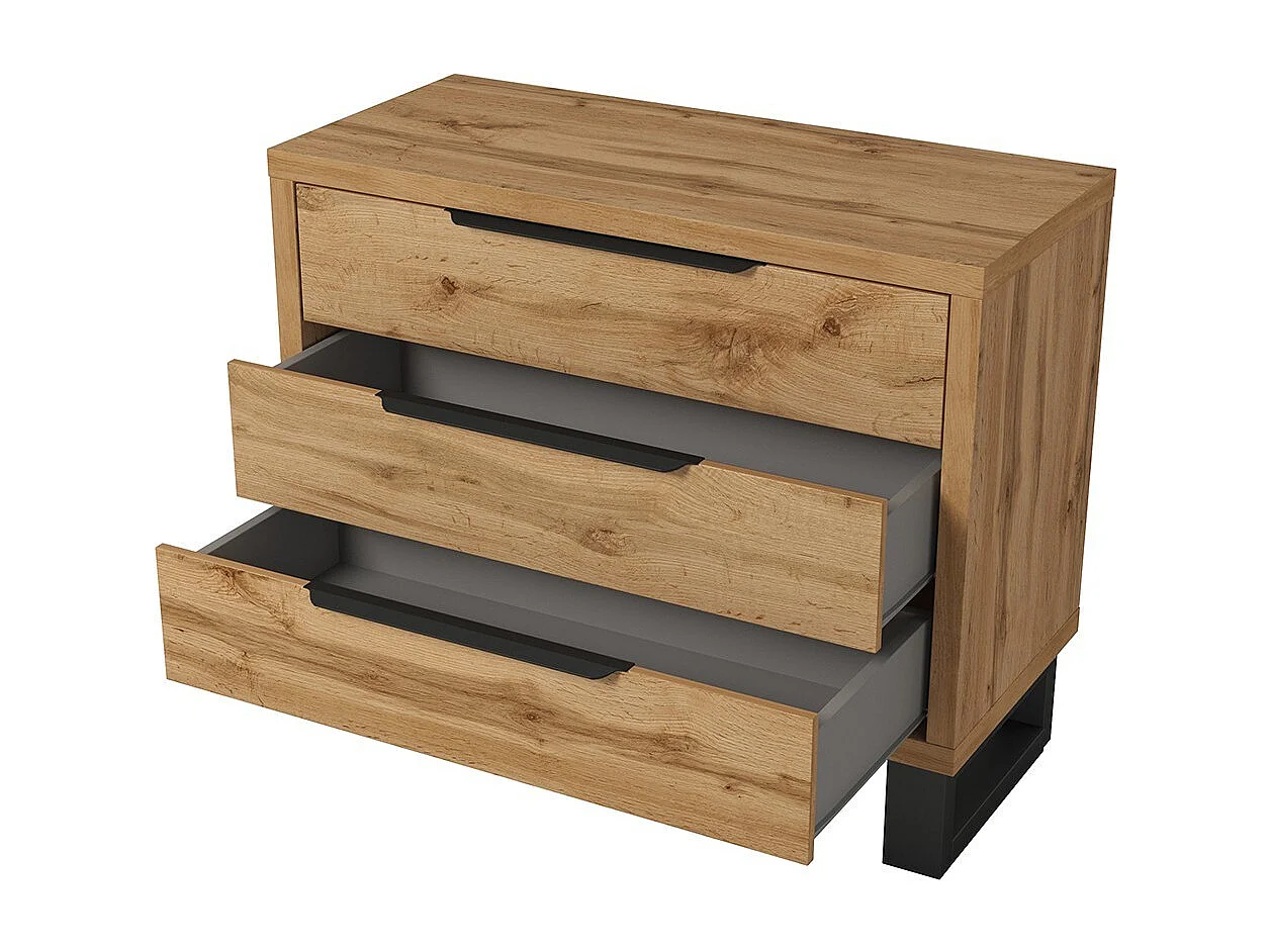 Commode MILOS – 3 tiroirs style industriel chêne brut et noir