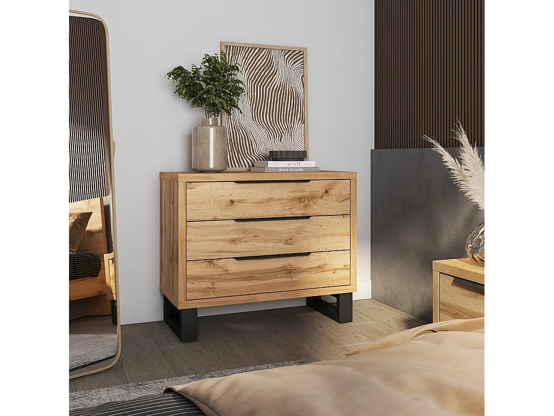 Commode MILOS – 3 laden industriële stijl ruw eiken en zwart