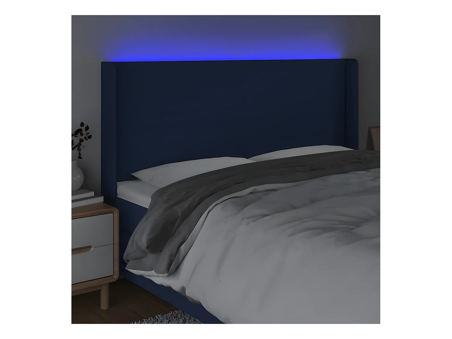 Cabeceira de cama c/ luzes LED tecido 163x16x118/128 cm azul