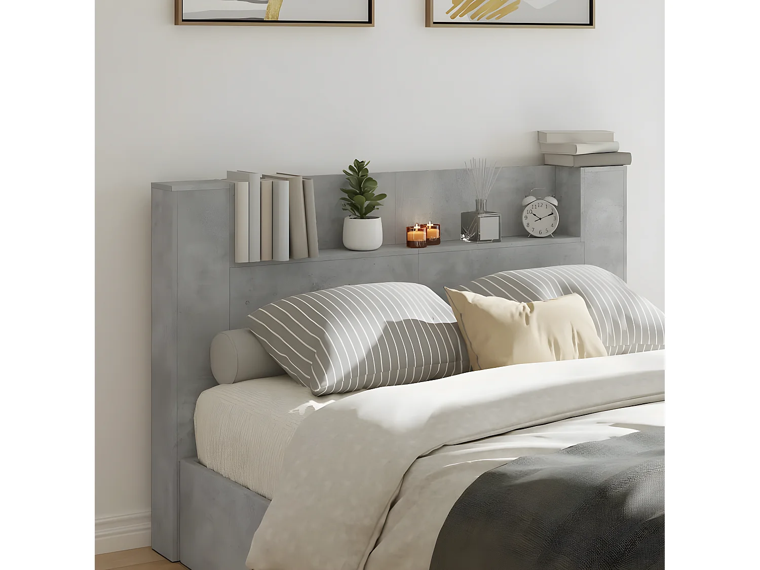 Armoire tête de lit avec LED gris béton 160x16,5x103,5 cm