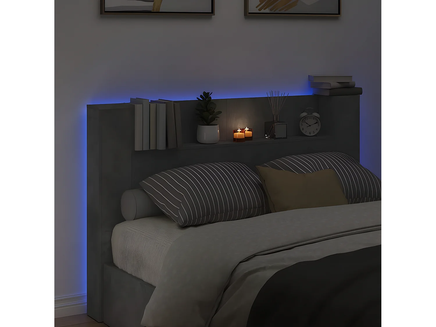 Armoire tête de lit avec LED gris béton 160x16,5x103,5 cm