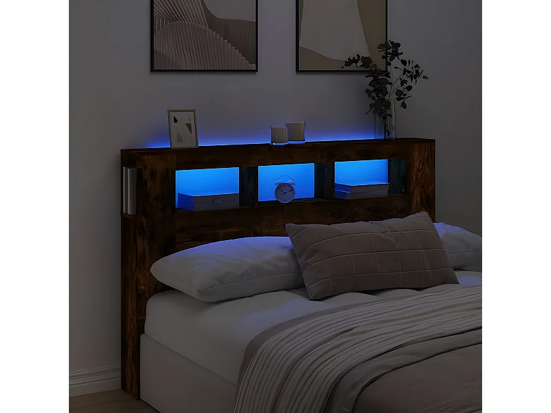 Tête de lit à LED chêne fumé 160x18,5x103,5cm bois d'ingénierie