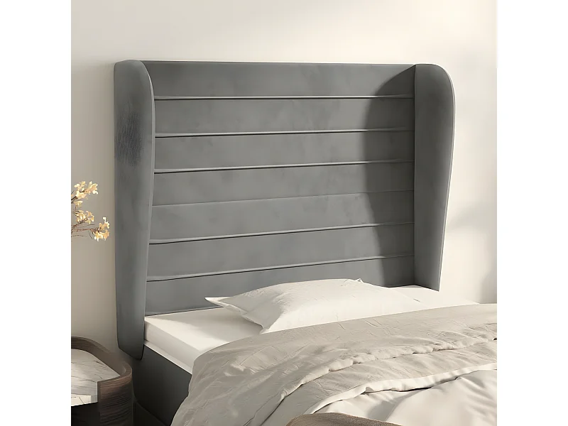 Cabeceira de cama c/ abas veludo 83x23x118/128cm cinzento-claro