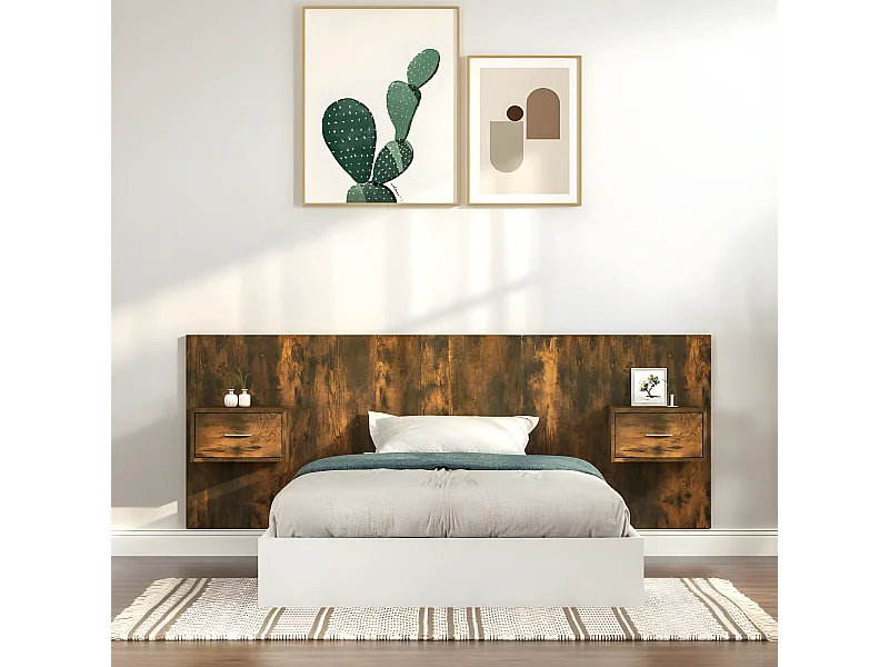 Cabecero de cama con mesitas madera contrachapada roble ahumado