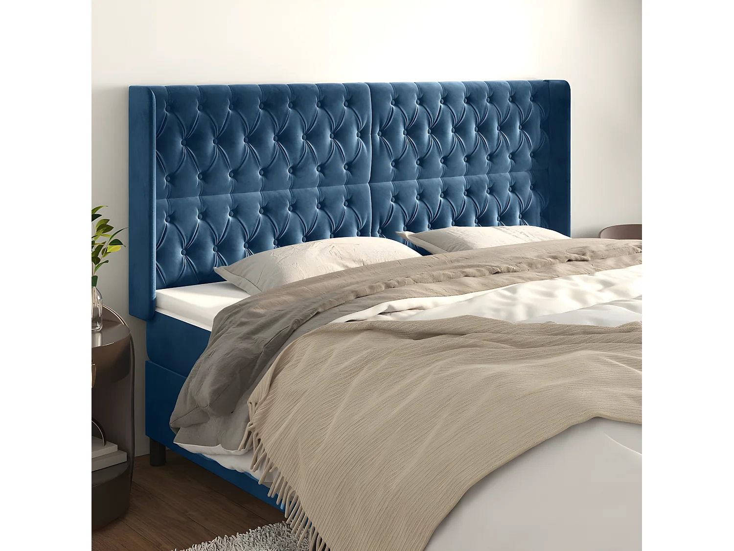 Tête de lit avec oreilles Bleu foncé 203x16x118/128 cm Velours