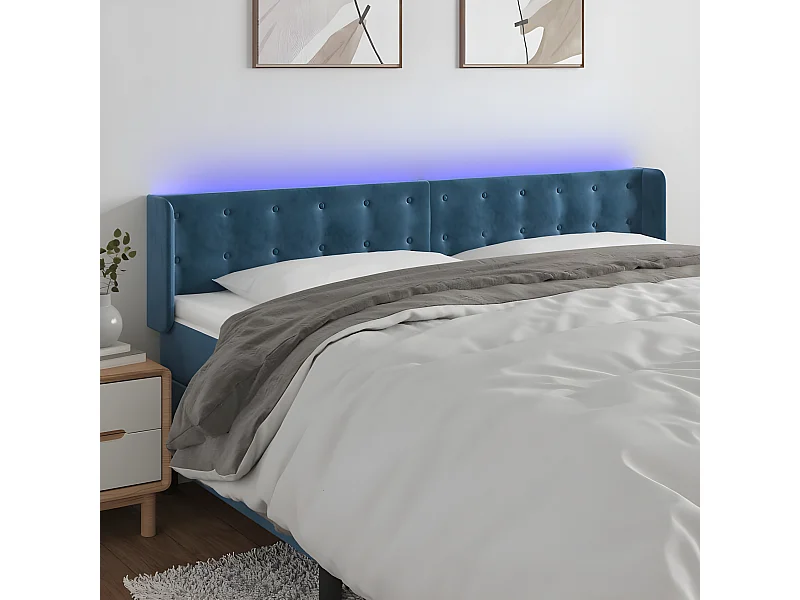 Cabeceira cama c/ luzes LED veludo 163x16x78/88 cm azul-escuro