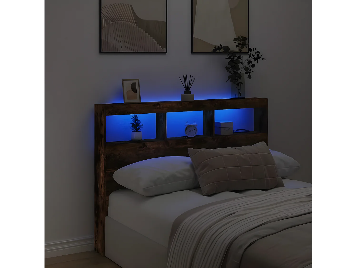 Armoire tête de lit avec LED chêne fumé 140x17x102 cm