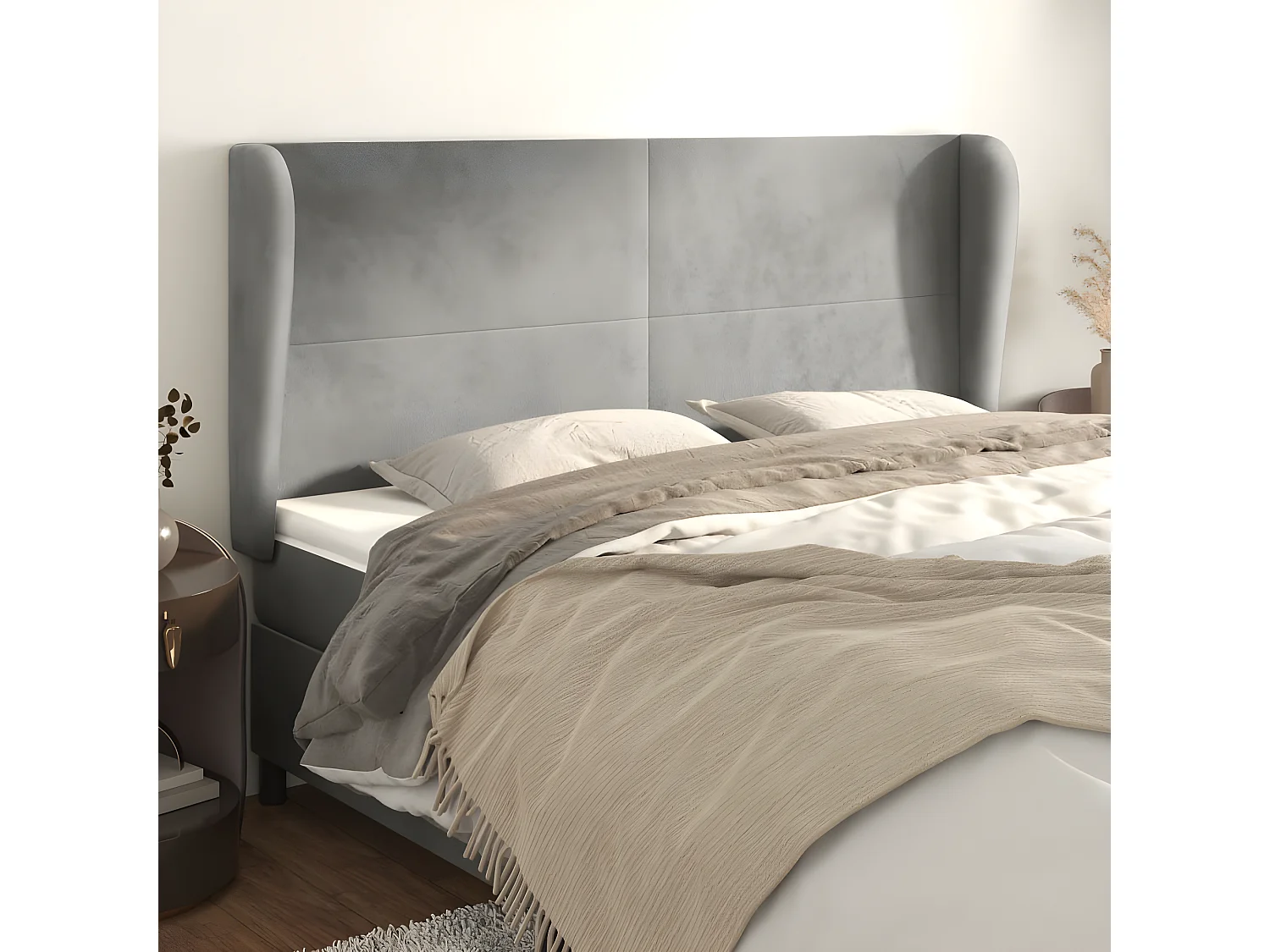 Cabeceira cama c/ abas veludo 163x23x118/128 cm cinzento-claro